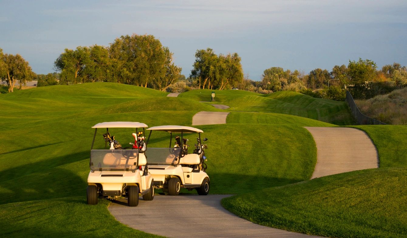 Two golf carts are parked on a winding road.