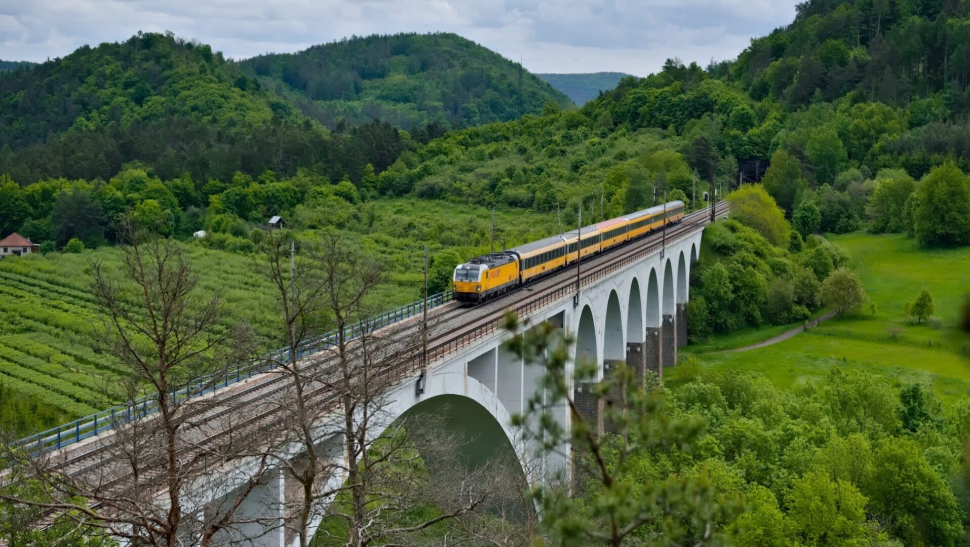 A train is traveling on the tracks over a bridge.